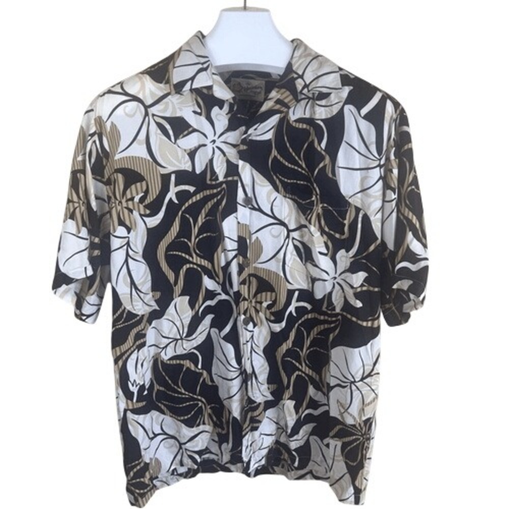 Hilo Hattie Hawaiian Shirt Mens L Black Cream Floral Short Sleeve Tropical Luau